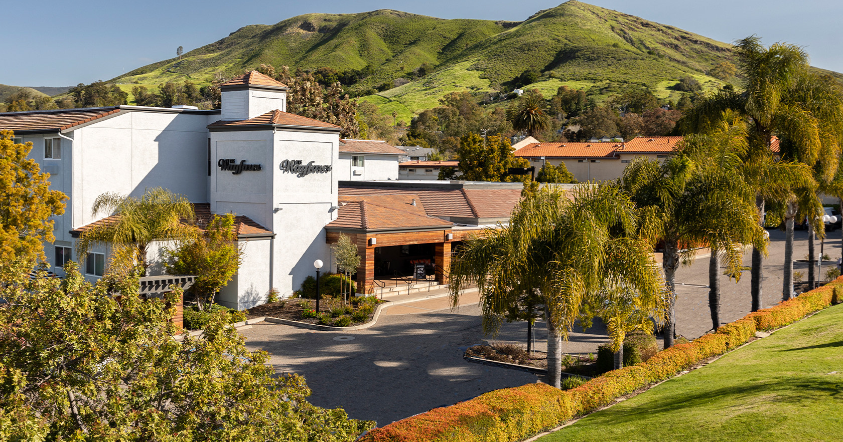 A small suburban business complex with white buildings, palm trees, and a parking lot, set against green hills in the background.