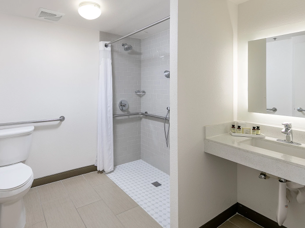 A clean, accessible bathroom with a toilet, a walk-in shower (grab bars and a curtain), and a wide vanity mirror with a sink, all in neutral tones.