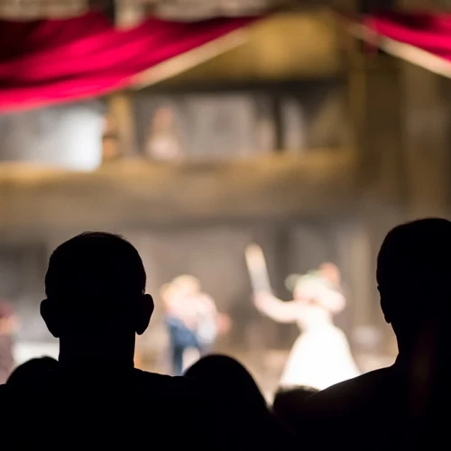 People in a theater watching a stage performance; silhouettes of audience with performers on a lit stage in the distance.