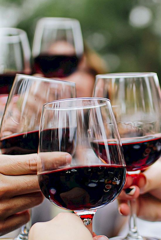 A group of people clinking wine glasses in a toast, with red wine and a casual outdoor setting, celebrating together.